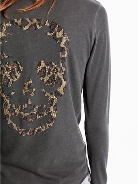 Zadig & Voltaire Gray Strass Henley Leopard Skull Top Size Medium